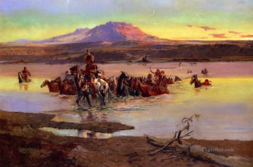 horse cats Painting - fording the horse herd 1900 Charles Marion Russell American Indians